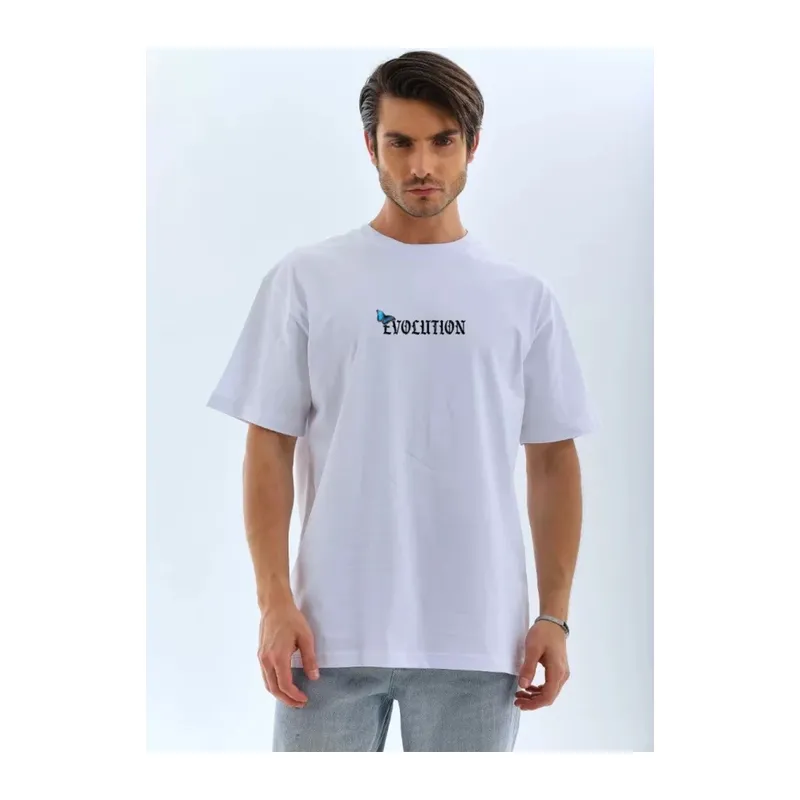 Unisex Bisiklet Yaka Baskılı Oversize T-Shirt - Beyaz