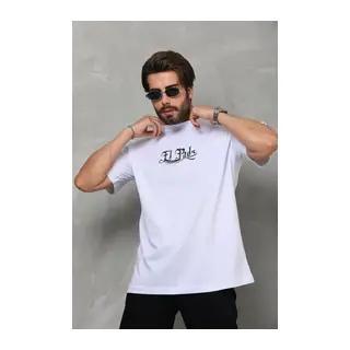 Unisex Bisiklet Yaka Baskılı Oversize T-Shirt - Beyaz