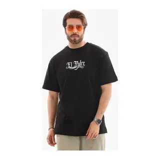 Unisex Bisiklet Yaka Baskılı Oversize T-Shirt - Siyah