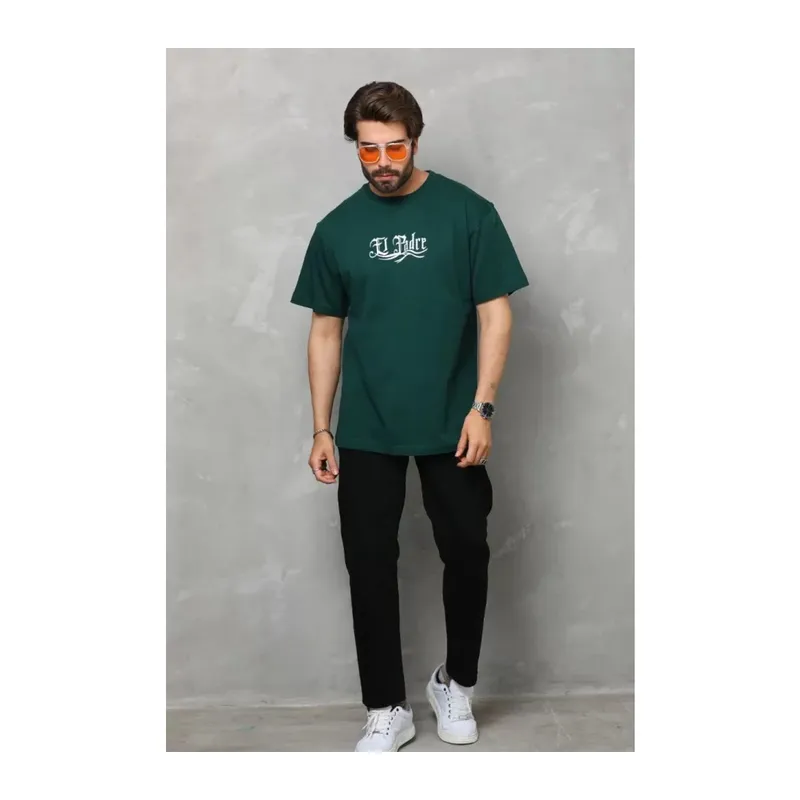 Unisex Bisiklet Yaka Baskılı Oversize T-Shirt - Yeşil