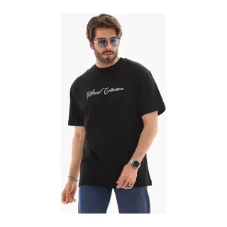 Unisex Bisiklet Yaka Baskılı Oversize T-Shirt - Siyah