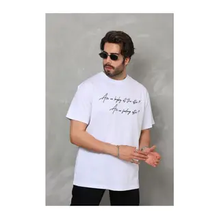 Unisex Bisiklet Yaka Baskılı Oversize T-Shirt - Beyaz