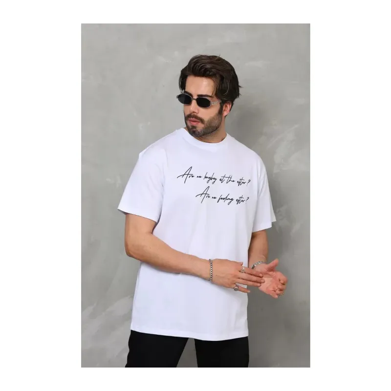 Unisex Bisiklet Yaka Baskılı Oversize T-Shirt - Beyaz