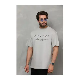 Unisex Bisiklet Yaka Baskılı Oversize T-Shirt - Gri