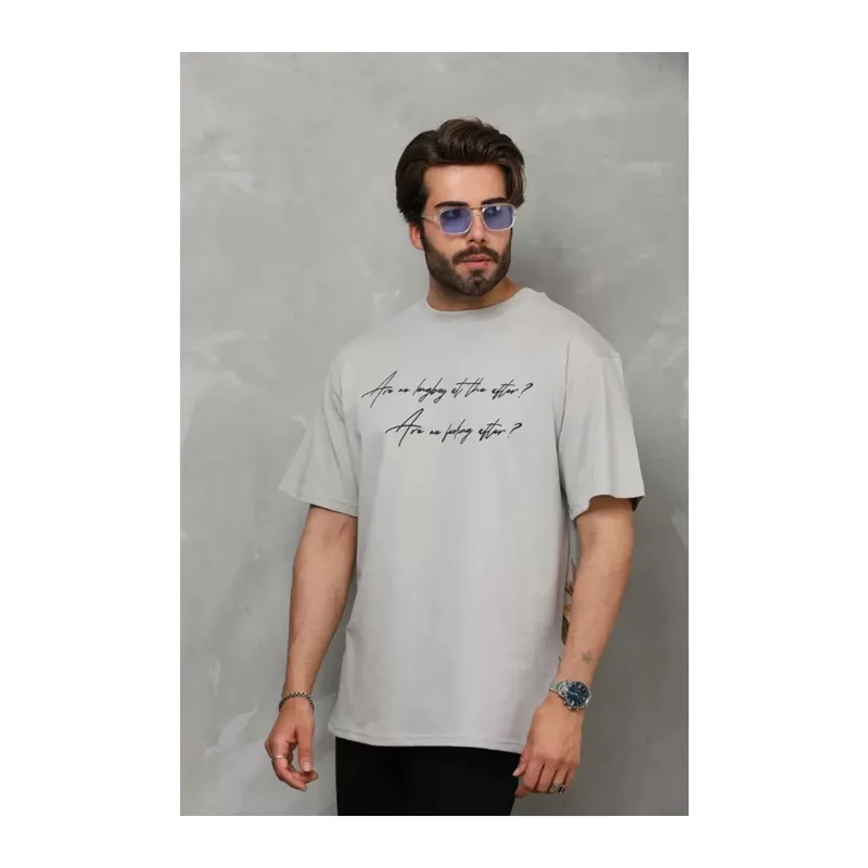 Unisex Bisiklet Yaka Baskılı Oversize T-Shirt - Gri
