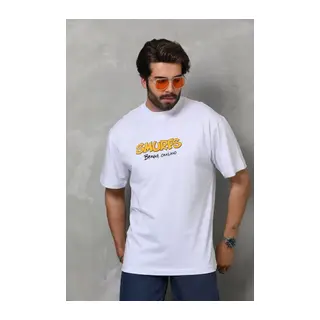 Unisex Bisiklet Yaka Baskılı Oversize T-Shirt - Beyaz