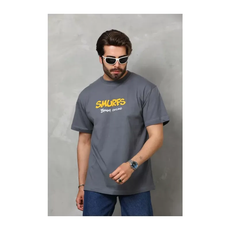 Unisex Basic Bisiklet Yaka Oversize T-Shirt - Füme