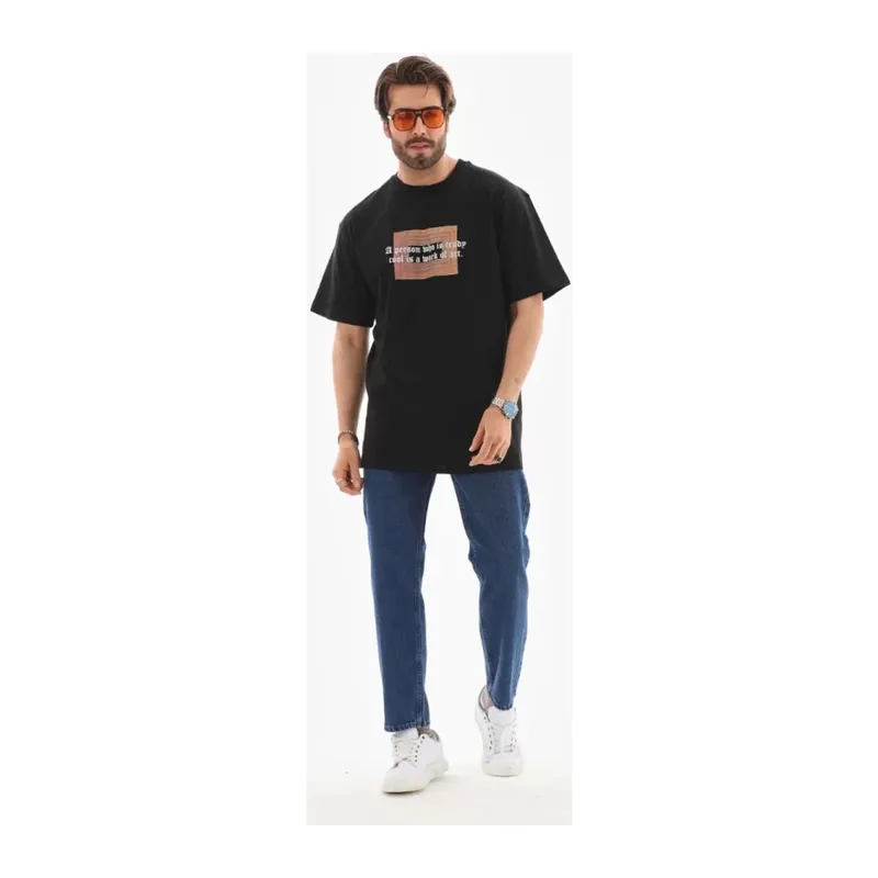 Unisex Bisiklet Yaka Baskılı Oversize T-Shirt - Siyah