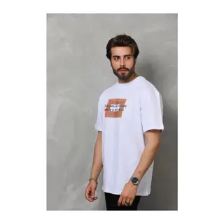 Unisex Bisiklet Yaka Baskılı Oversize T-Shirt - Beyaz