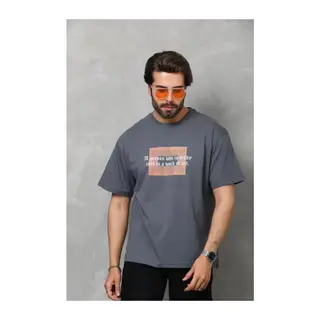 Unisex Bisiklet Yaka Baskılı Oversize T-Shirt - Füme