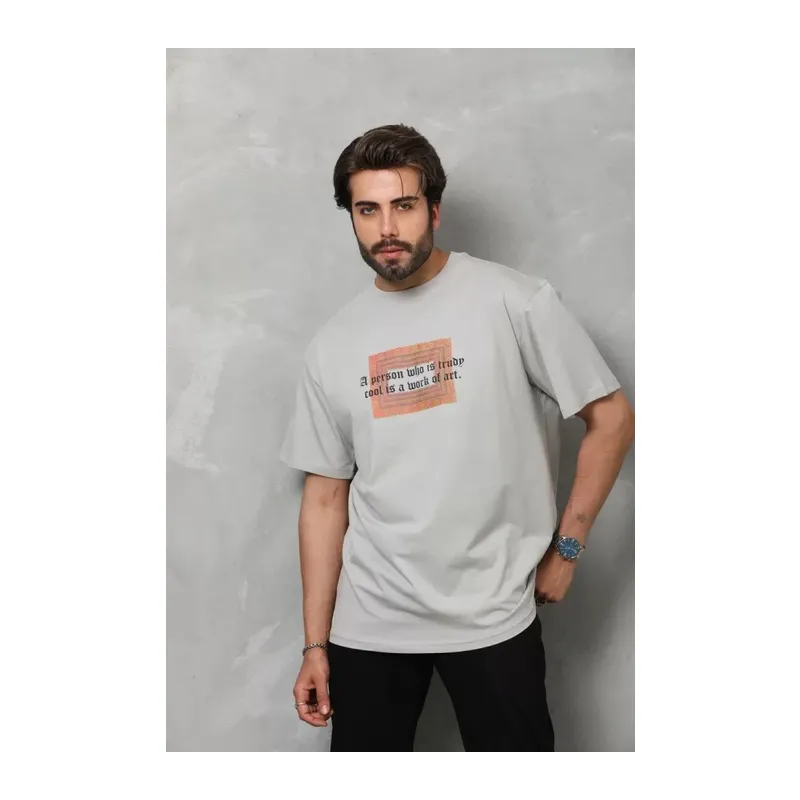 Unisex Bisiklet Yaka Baskılı Oversize T-Shirt - Gri