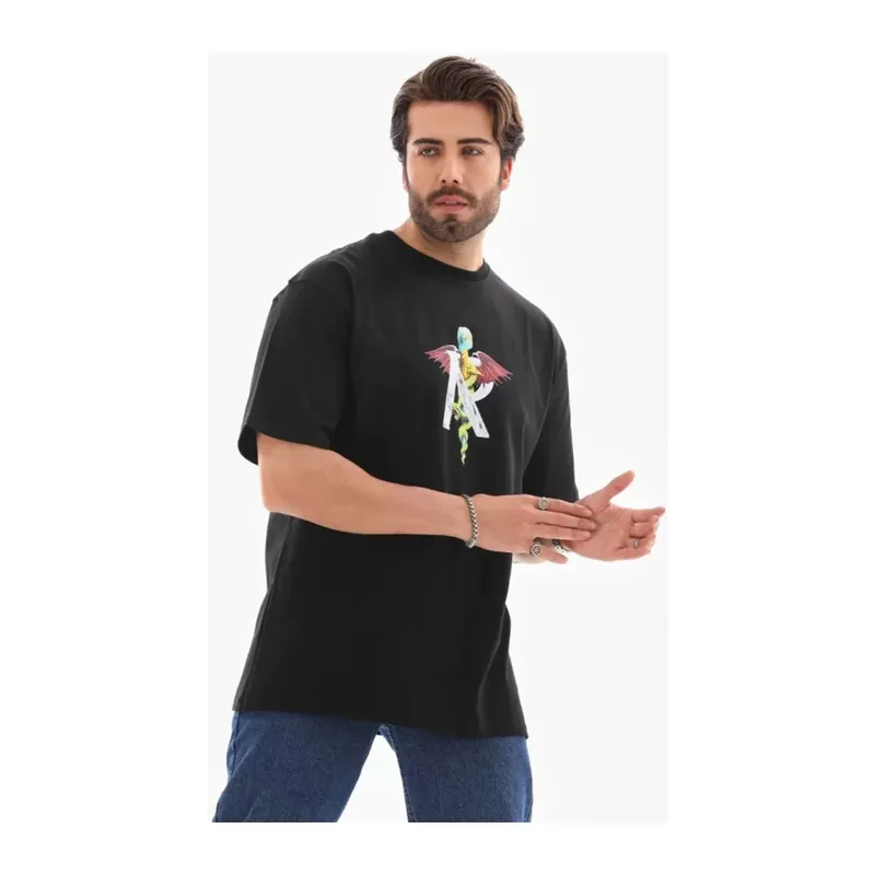 Unisex Bisiklet Yaka Baskılı Oversize T-Shirt - Siyah