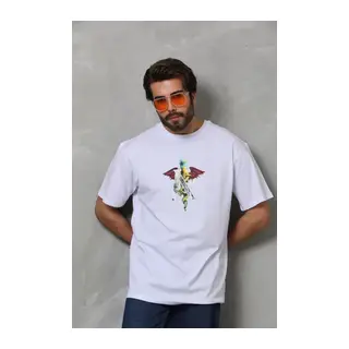 Unisex Bisiklet Yaka Baskılı Oversize T-Shirt - Beyaz