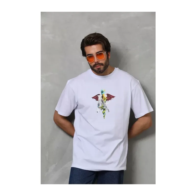 Unisex Bisiklet Yaka Baskılı Oversize T-Shirt - Beyaz