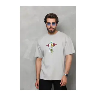 Unisex Bisiklet Yaka Baskılı Oversize T-Shirt - Gri