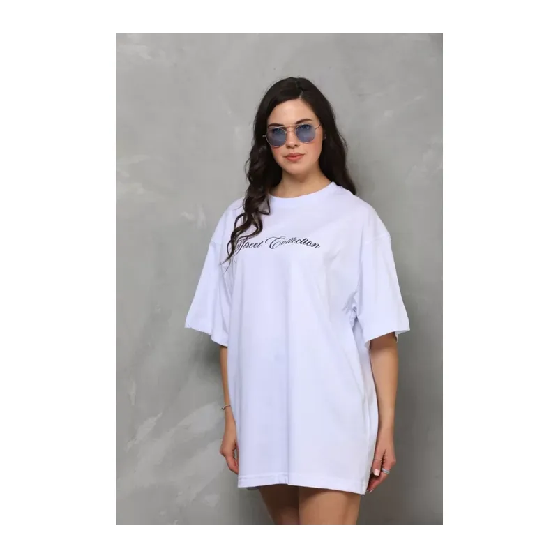 Unisex Bisiklet Yaka Baskılı Oversize T-Shirt - Beyaz