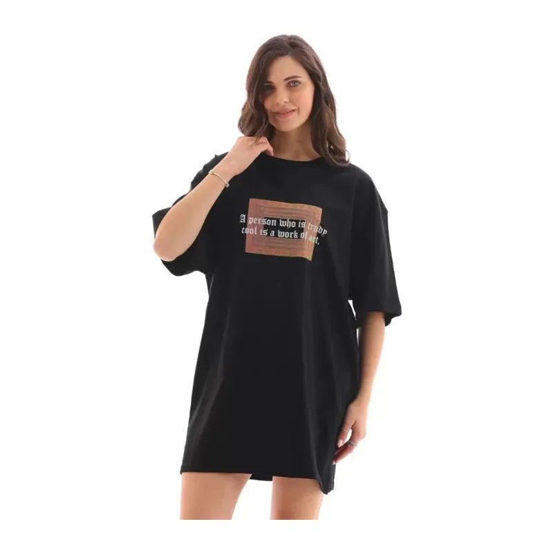 Unisex Bisiklet Yaka Baskılı Oversize T-Shirt - Siyah