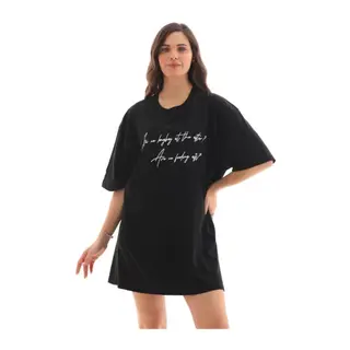 Unisex Bisiklet Yaka Baskılı Oversize T-Shirt - Siyah