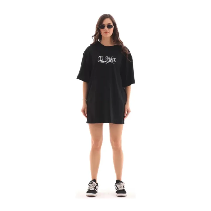Unisex Bisiklet Yaka Baskılı Oversize T-Shirt - Siyah