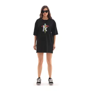 Unisex Bisiklet Yaka Baskılı Oversize T-Shirt - Siyah