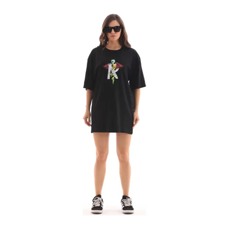 Unisex Bisiklet Yaka Baskılı Oversize T-Shirt - Siyah