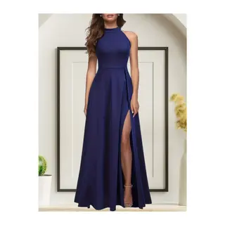 Kadın Halter Yaka Derin Yırtmaç Detaylı Tam Boy Janjan Krep Abiye Elbise