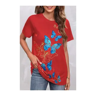 Kadın Kısa Kollu Mavi Sarı Kelebek Baskı Süprem T-shirt