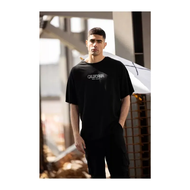 Unisex Bisiklet Yaka Baskılı Oversize T-Shirt - Siyah
