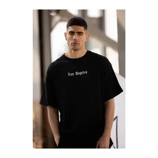 Unisex Bisiklet Yaka Baskılı Oversize T-Shirt - Siyah