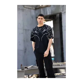 Unisex Bisiklet Yaka Baskılı Oversize T-Shirt - Siyah