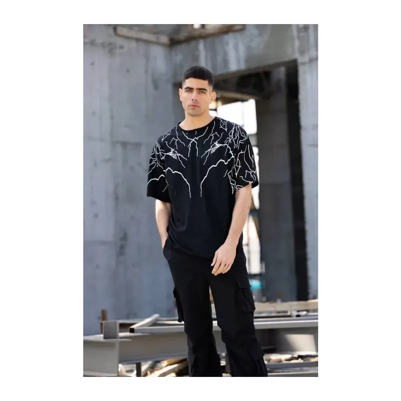 Unisex Bisiklet Yaka Baskılı Oversize T-Shirt - Siyah