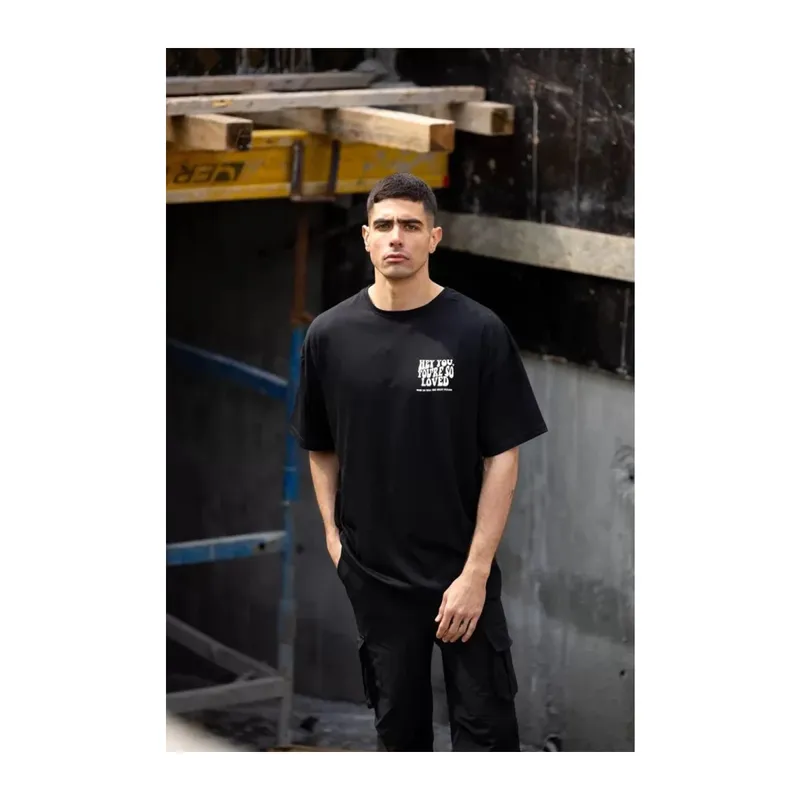 Unisex Bisiklet Yaka Baskılı Oversize T-Shirt - Siyah