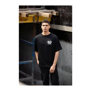 Unisex Bisiklet Yaka Baskılı Oversize T-Shirt - Siyah