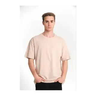 Unisex Düz Biskilet Yaka Oversize T-shirt - Bej