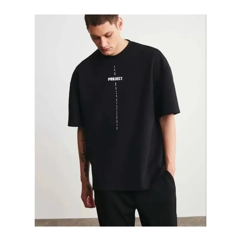 Unisex Bisiklet Yaka Baskılı Oversize T-Shirt - Siyah