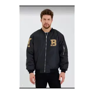 Unisex Uzun Kol Baskılı Bomber Ceket - Siyah