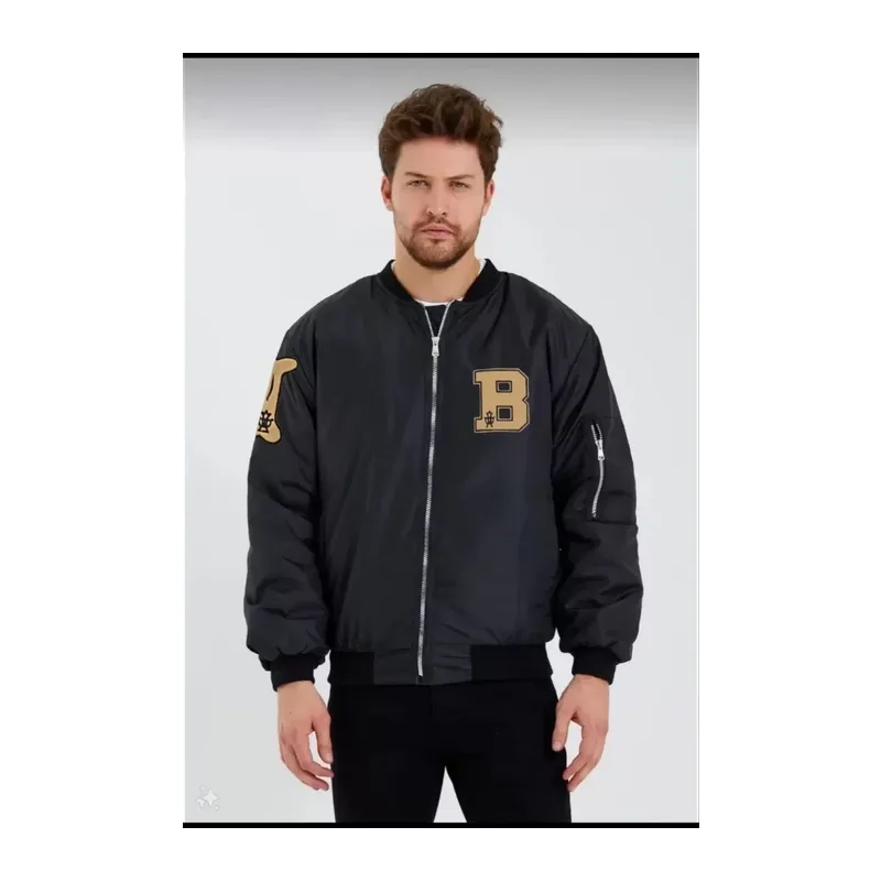 Unisex Uzun Kol Baskılı Bomber Ceket - Siyah
