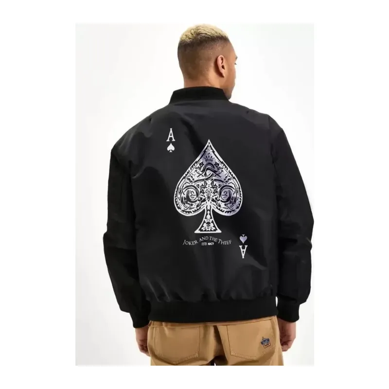Unisex Uzun Kol Baskılı Bomber Ceket - Siyah
