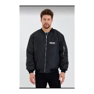 Unisex Uzun Kol Baskılı Bomber Ceket - Siyah