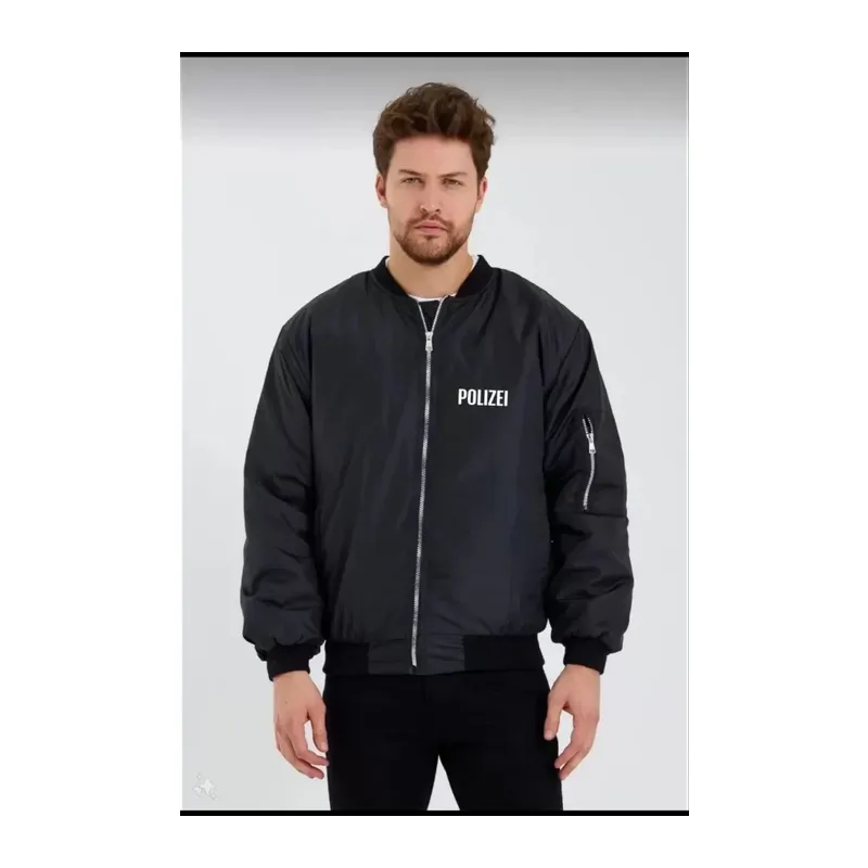 Unisex Uzun Kol Baskılı Bomber Ceket - Siyah