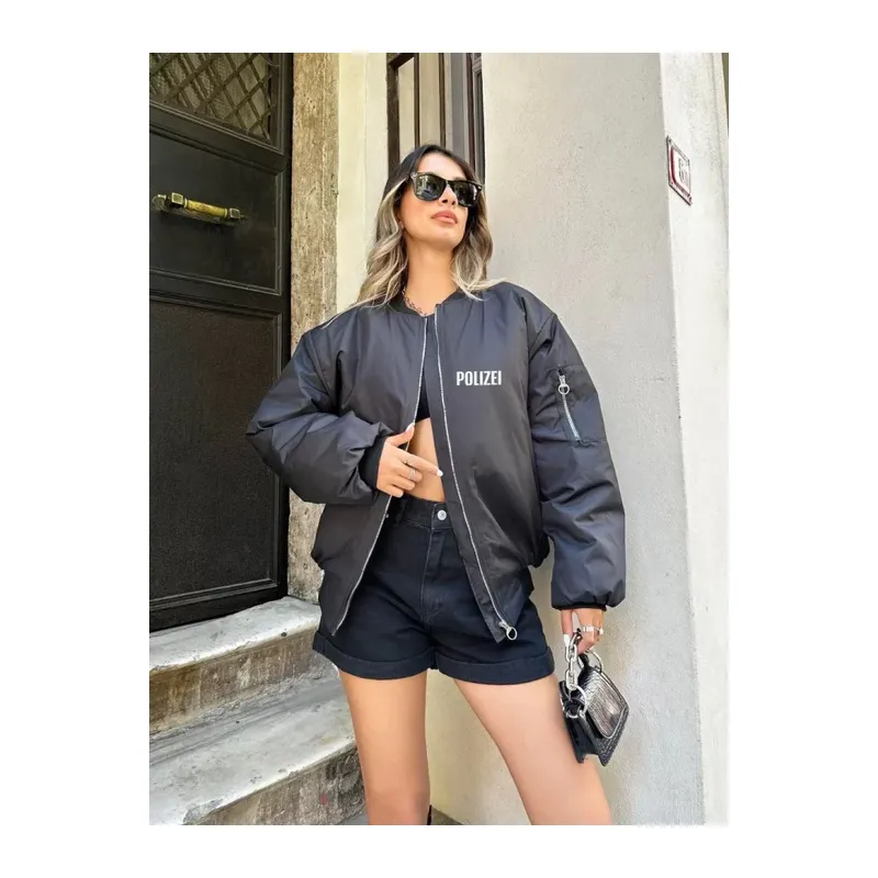 Unisex Uzun Kol Baskılı Bomber Ceket - Siyah
