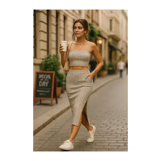 Kadın Kolsuz Askılı Crop Yırtmaçlı Midi Etek Fitilli Kaşkorse Takım