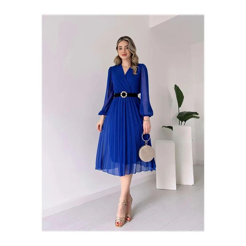 Kadın şifon Kumaş Astalı Kloş Kesim Kruvaze Yaka Midi Boy Elbise