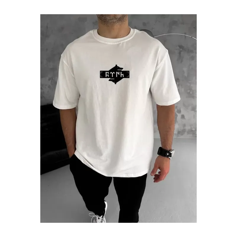 Unisex Bisiklet Yaka Baskılı Double Oversize T-Shirt - Beyaz