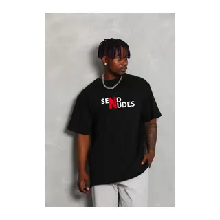 Unisex Bisiklet Yaka Double Oversize Baskılı T-Shirt - Siyah