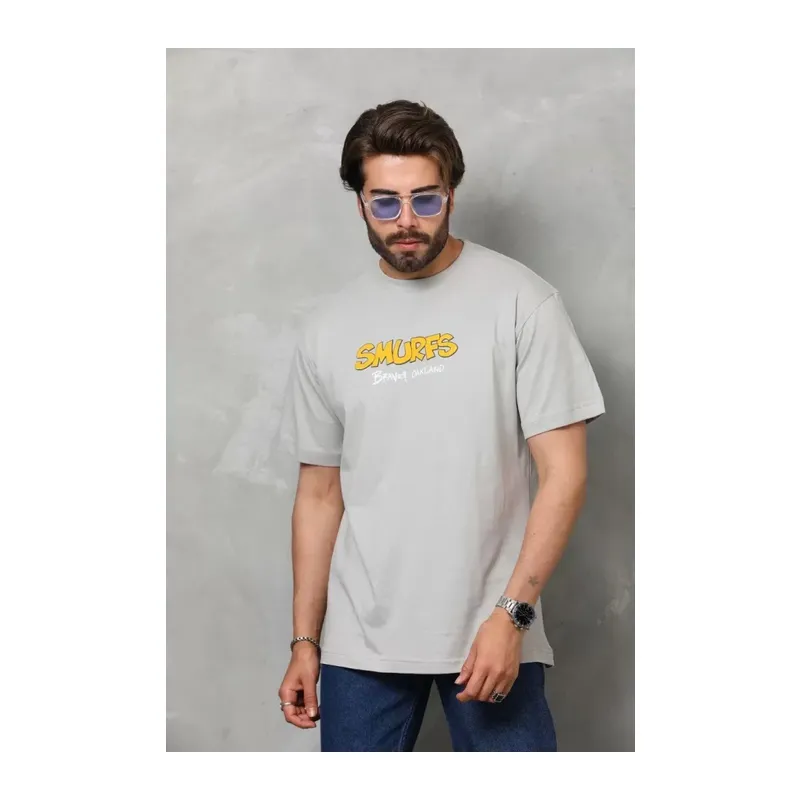 Unisex Basic Bisiklet Yaka Oversize T-Shirt - Gri