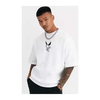 Unisex Bisiklet Yaka Baskılı Oversize T-Shirt - Beyaz