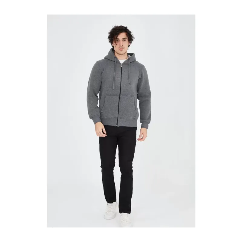 Unisex Tam Fermuarlı Kapşonlu SweatShirt - Füme