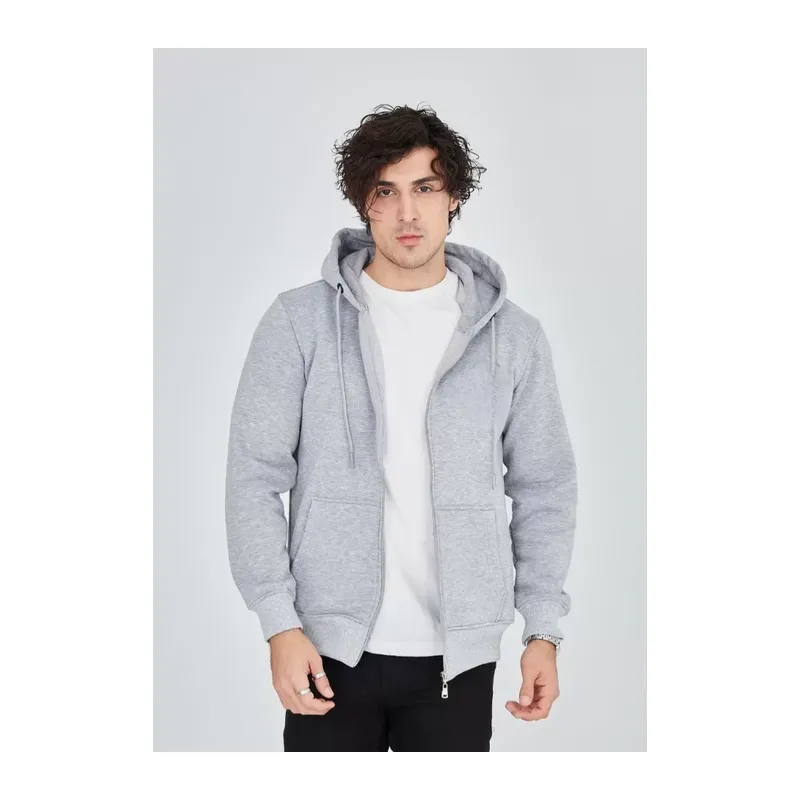 Unisex Tam Fermuarlı Kapşonlu SweatShirt - Gri