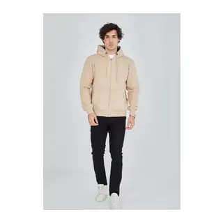 Unisex Tam Fermuarlı Kapşonlu SweatShirt - Bej